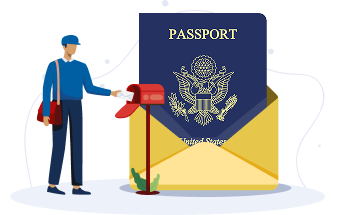 Ilustración de un cartero colocando correo en un buzón rojo. Detrás hay un sobre amarillo grande que contiene un pasaporte de los Estados Unidos con el emblema del águila en su portada azul marino. Esto representa la entrega de pasaportes por correo.
