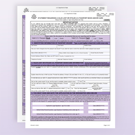 First page of Form DS-64 with purple backgounds.