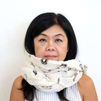 Photo of a woman with scarf covering part of her face.
