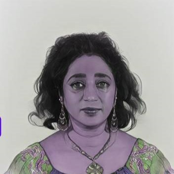Photo of woman with a purple skin filter.