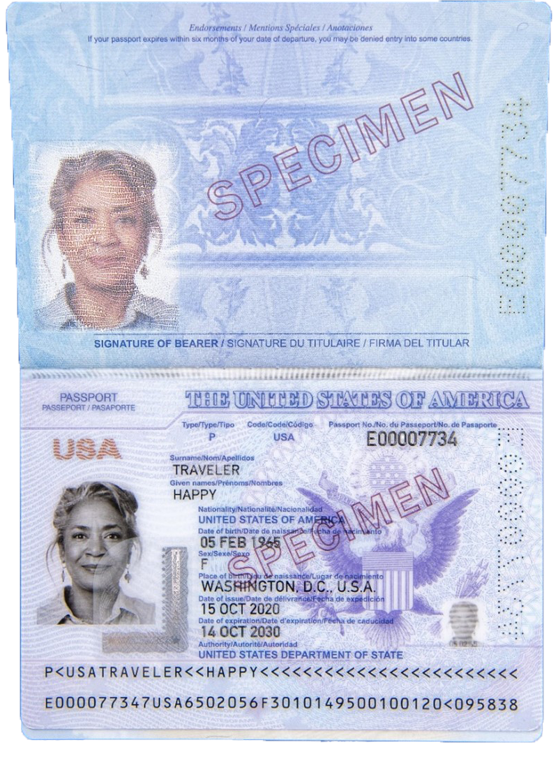 Sample signature page and data page of the next generation passport book. It shows a photo, the passport expiration date, and other data about the owner of the passport.