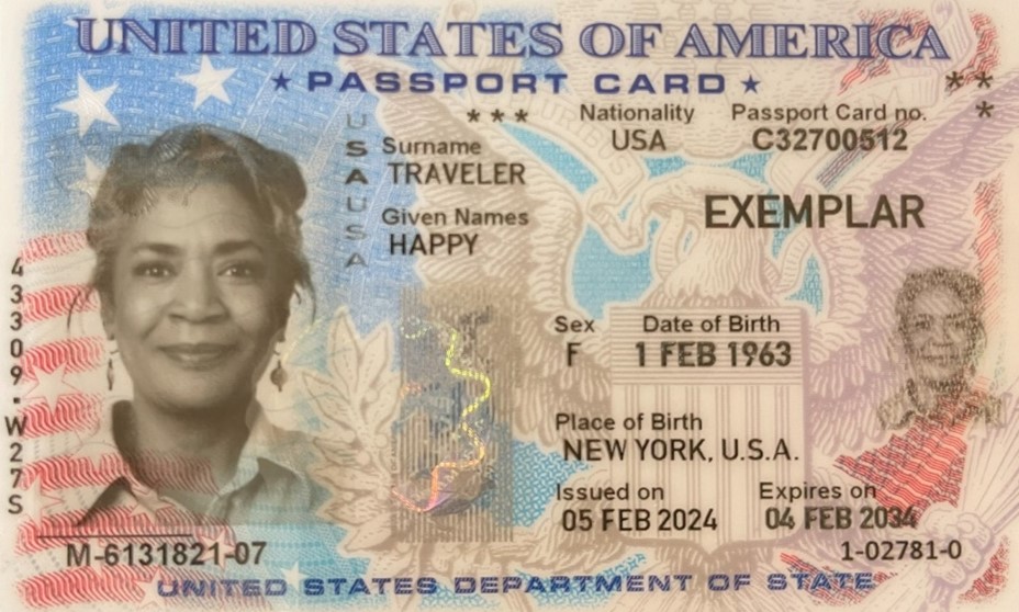 Sample passport card, which shows an image and other identifying details about the owner. It is roughly the size of a driver’s license.