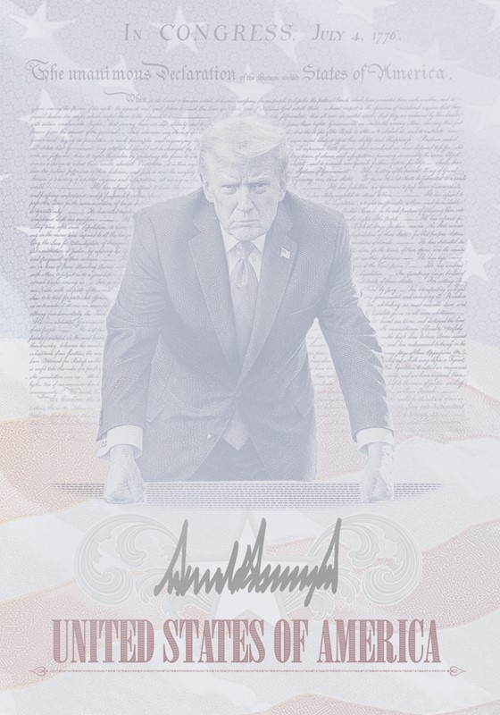 A portrait of President Donald J. Trump with the text of the Declaration of Independence. A red, white and blue American flag waves throughout the background. President Trump’s signature and “United States of America” appear in large font at the bottom center.