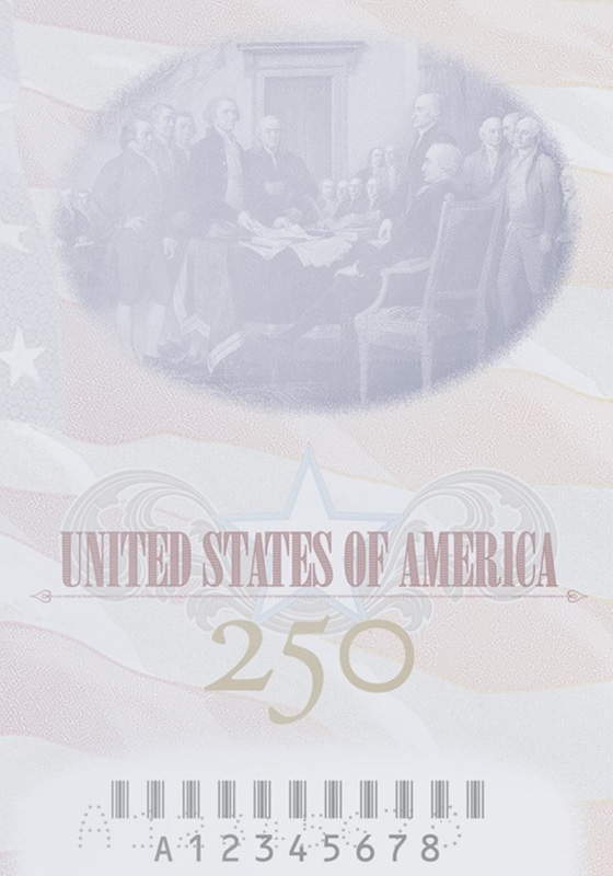Una ilustración de la firma de la Declaración de Independencia. Una bandera estadounidense roja, blanca y azul se despliega a lo largo del fondo. Las palabras "United States of America" (Estados Unidos de América) y el número 250 aparecen en letra grande en la parte inferior central.